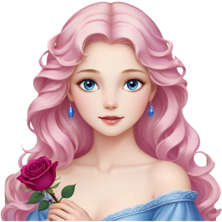 Cinematic Realistic Sleeping Beauty (Aurora) Portrait, with porcelain-like skin featuring a natural rosy flush, illuminated by soft lighting that highlights the gentle contours of her face. Her golden blonde hair flows in soft, detailed waves with subtle highlights that shimmer in the light. Her deep violet-blue eyes radiate warmth and innocence, framed by arched brows and long lashes. With a soft, serene smile, she holds a delicate rose gently in one hand, her other hand resting lightly by her side. She is dressed in her classic pink gown, the fabric rich in texture with delicate folds that catch the light. A golden crown rests atop her head, gleaming with royal refinement. The portrait captures a soft, glowing aura, blending realism with an ethereal sense of beauty and timeless enchantment. emoji