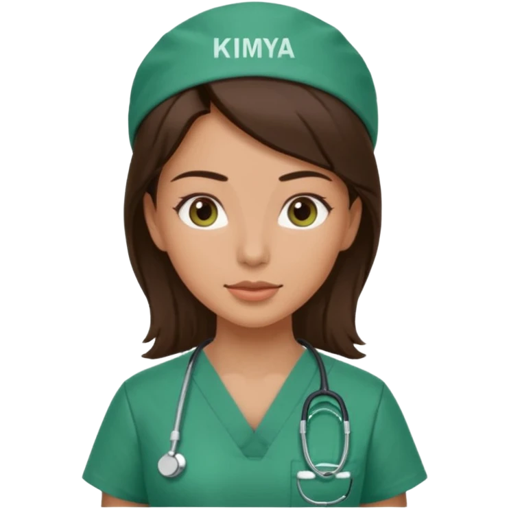 A smart female surgeon which is brunette and has the name Kimiya embedded on her scrub emoji
