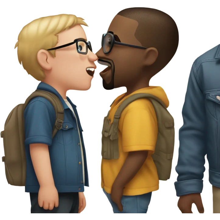 A white boy standing next to Kanye west, and Kanye west is giving his a kiss on the cheek, the boy is looking at the camera and Kanye west is looking at the boy, and another boy who is the same age with glasses is screaming emoji