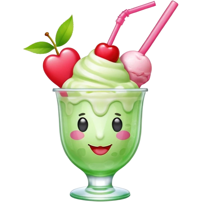 Create an emoji with a clear rounded glass, bright transparent green soda, vanilla ice cream scoop, two red cherries, pink heart-shaped straw, simple shapes, bright colors, glossy, kawaii style, centered, transparent background
 emoji
