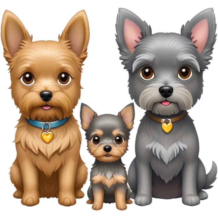 Golden doodle next to a chihuahua yorkie mix and a grey miniature schnauzer emoji