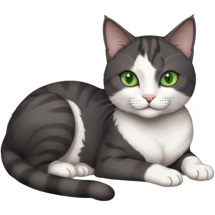 beautiful female solid dark grey cat with green eyes, white toes/paws and white patch on her chest lying down emoji