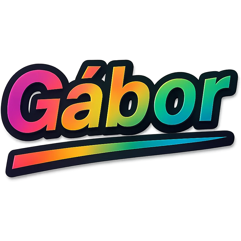 The name 'Gábor' in a modern, colorful gradient font with a dark outline, on a transparent background. The name is underlined or partially underlined with a dynamic, slanted underline, styled like the sample images. emoji