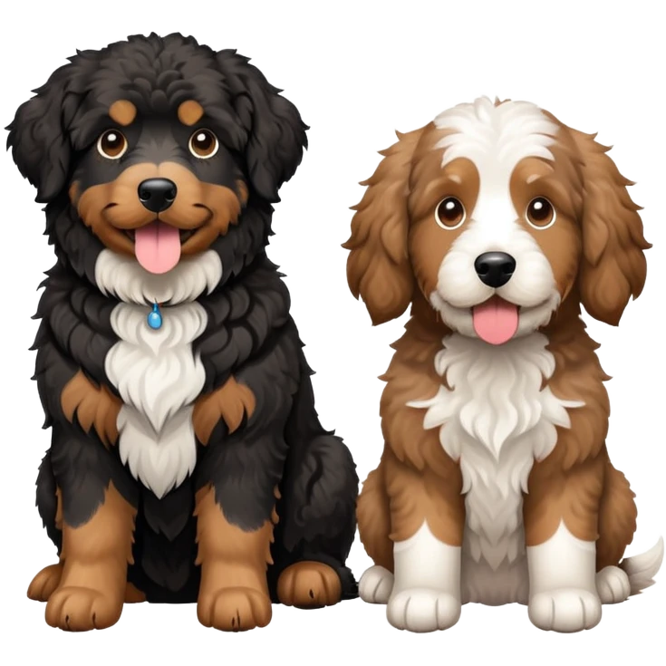 2 dogs, one is a light brown Aussie doodle. the other is a All black Berenedoodle with white eyebrows . Make both same size emoji