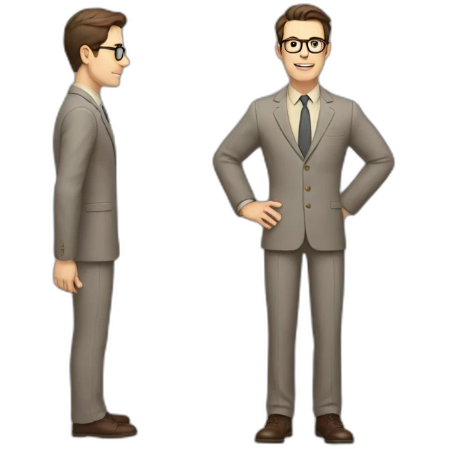 Full height Actively gesturing with hands Pale skinned fit man with dark brown hair in gray jacket, beige office shirt, brown tie, brown pants and vintage glasses. emoji