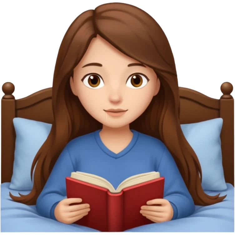 Cozy girl with long brown hair and brown eyes reading in bed emoji
