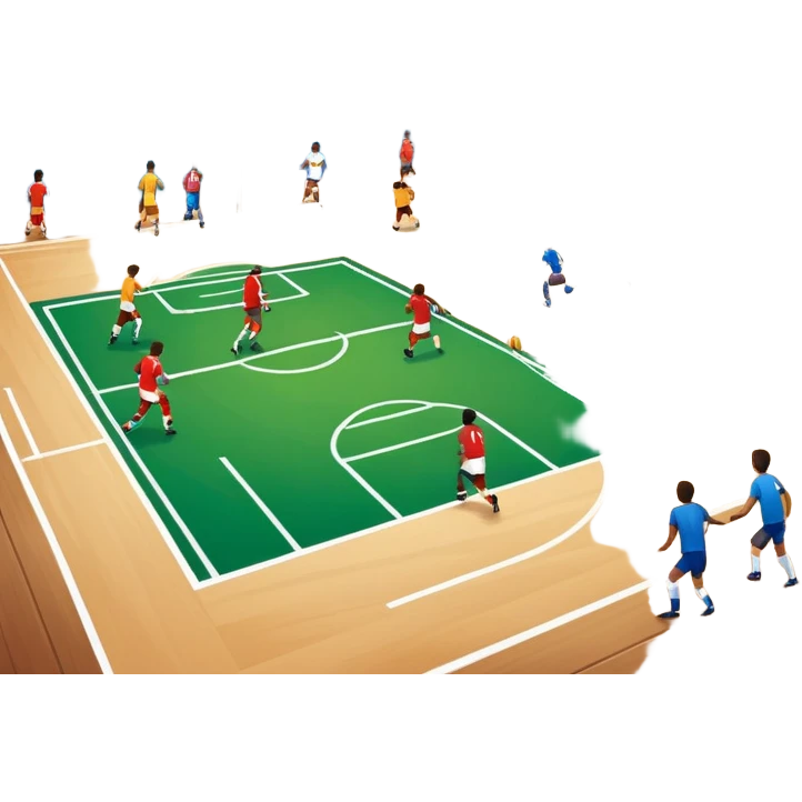 A mini-football match in an indoor sports hall with wooden flooring and clear field markings. The scene shows a vibrant game in action, with players positioned on the court, the goalposts visible, and the atmosphere filled with energy and focus. emoji