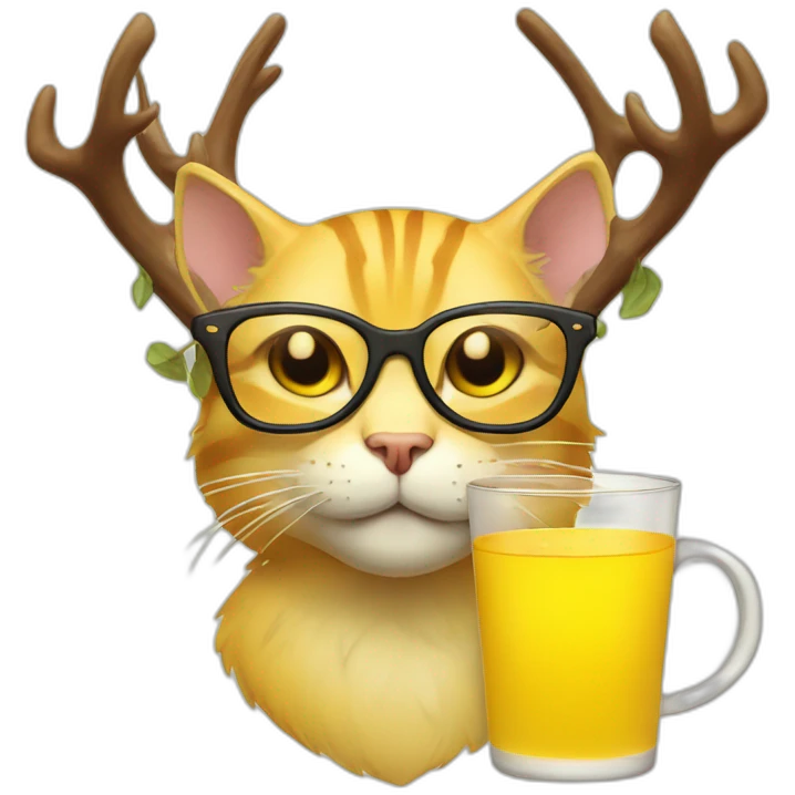 yellow cat with deer antlers and glasses drinking a cup of yellow liquid emoji