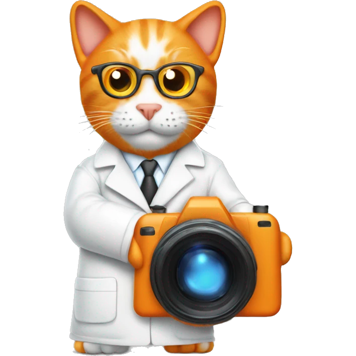 Orange cat scientist taking a photo with a really big camera while wearing a lab coat emoji
