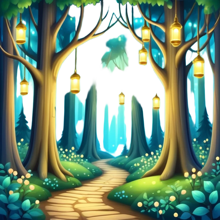 enchanted forest with tall trees and sparkling lights in a whimsical atmosphere emoji