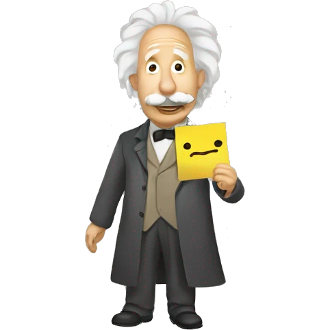 happy albert einstein holding Sticky Note with "New" Written on It in one hand emoji