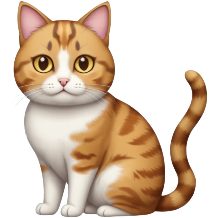 full body torbie and white cat with small head, hazel eyes, and short but chubby body emoji