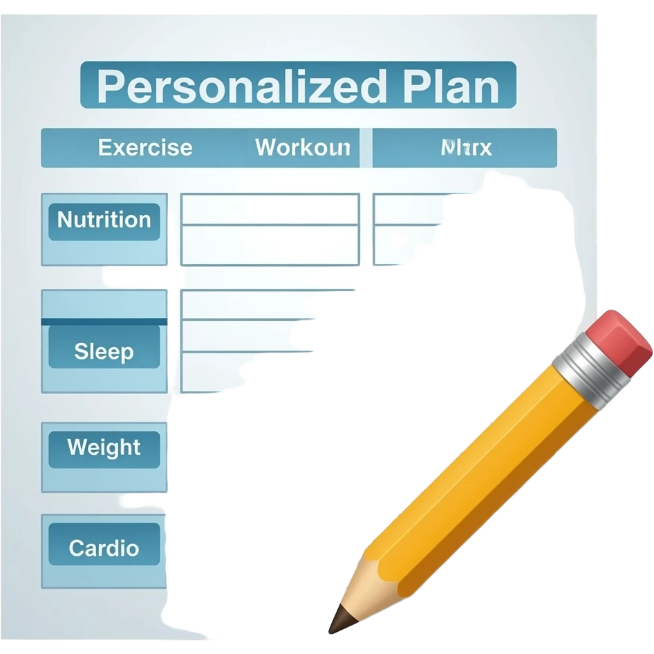 A gym workout plan, with a pencil in the corner and titled "Plan personnalisé" should clearly state the following: Exercice, Alimentation, Sommeil, Poids, Cardio. this is French emoji