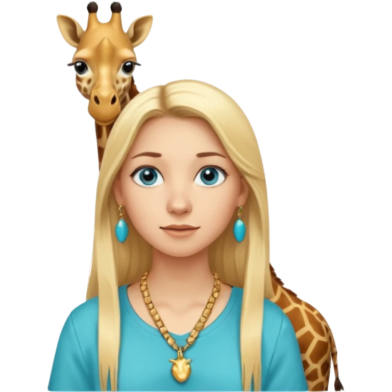 Swedish girl blonde long straigt hair blue eyes turqoise shirt gold earings girrafe necklace gold small emoji