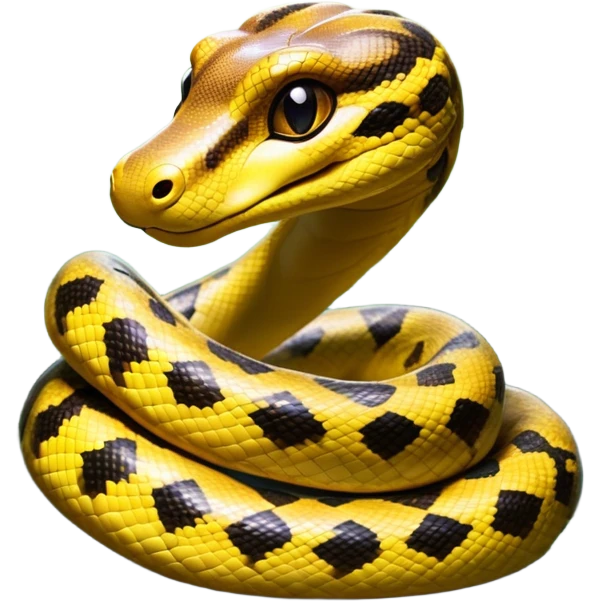 Cinematic Cute Anaconda Portrait Emoji, Head tilted playfully and inquisitively, with a sleek, shimmering body adorned with detailed scale patterns and round, sparkling eyes full of wonder, Simplified yet irresistibly adorable features, highly detailed, glowing with a warm, friendly jungle glow, high shine, affectionate and lively, stylized with a touch of whimsical reptilian charm, soft glowing outline, capturing the essence of a mischievous serpent that feels like it could slither out of the screen into your arms! emoji