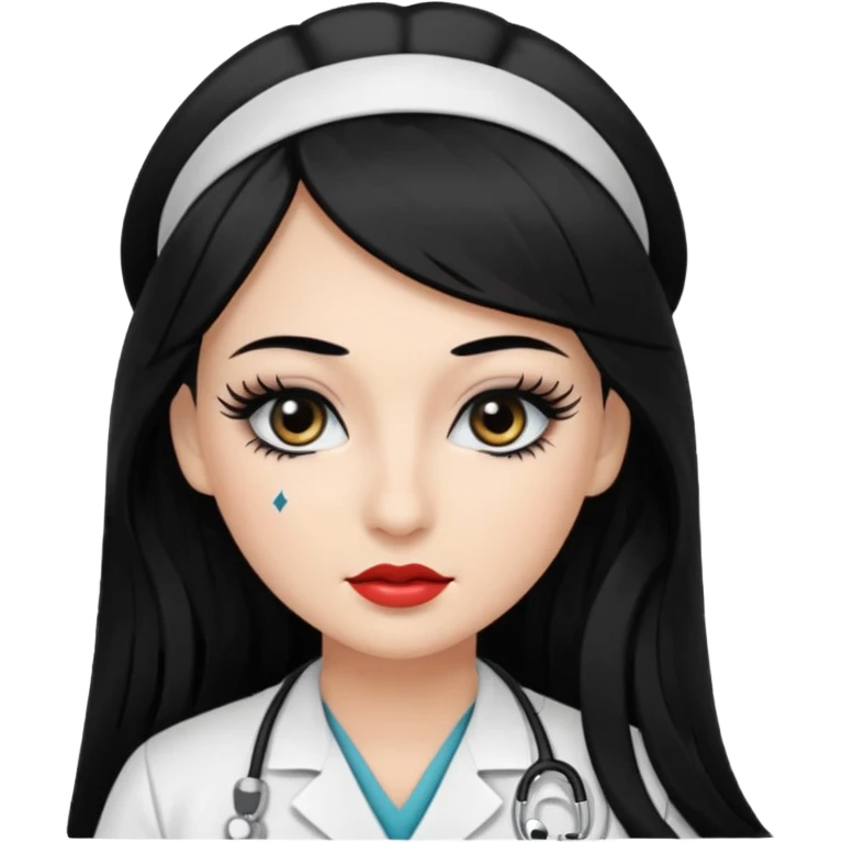 Nurse, long hair,black hair, black eyes, false eyelashes, makeup, eyeliner,  emoji