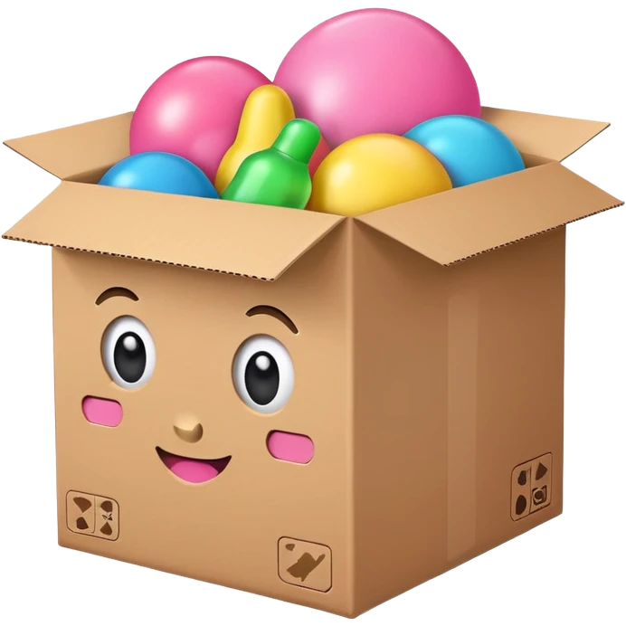 cardboard box with toys, pink emoji