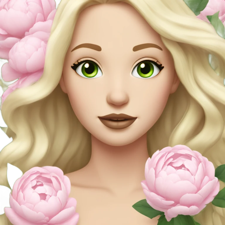 White girl with long light blonde hair and green eyes with light pink peonies in hair white skin light pink lips emoji