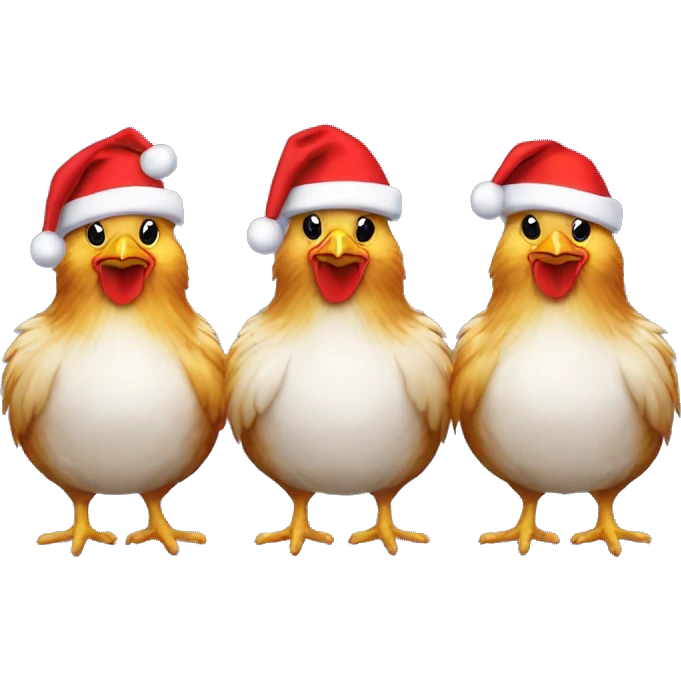 Three multi-coloured chickens wearing Santa hats. emoji