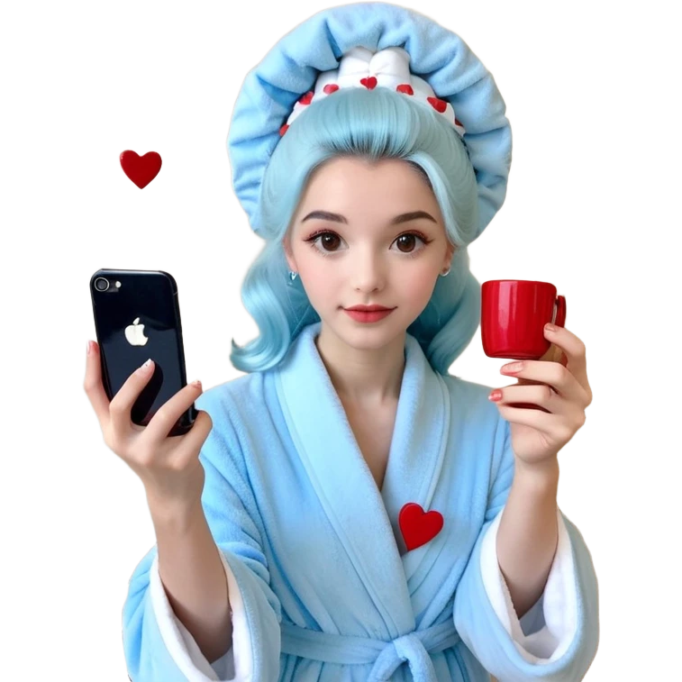 a girl taking a mirror selfie with her iPhone. She’s wearing a light blue, soft-looking robe and has big rollers in her hair, like she’s getting ready for the day. She’s holding a white cup with little red hearts on it, placed on a matching saucer. emoji