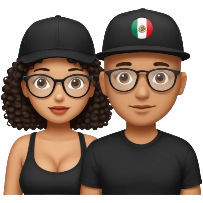 A picture of a cute tanned couple. the man is Mexican, with a bald hair cut wearing a SnapBack hat and a black shirt. the woman is mixed, she has curly longer dark brown hair, thicker and with big boobs and the woman has glasses emoji