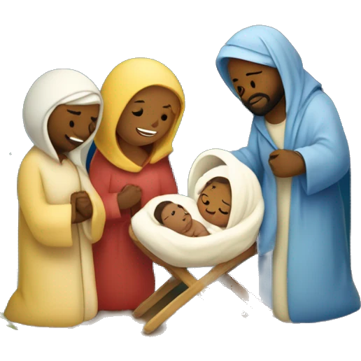 Nativity with Mary, Joseph, baby Jesus in the manger, and a bright star in the night sky emoji