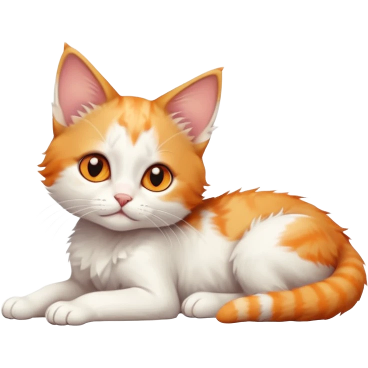 full body of very small + skinny ginger and white kitten with deep orange eyes and triangular shaped face lying down with bent front paws emoji