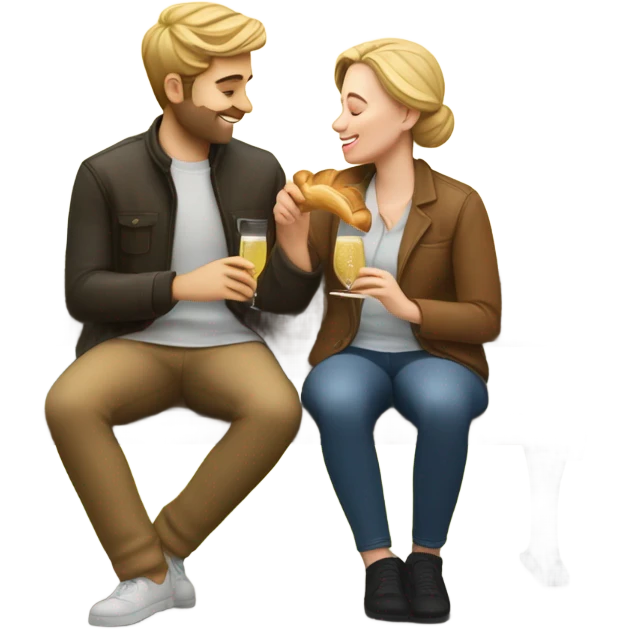 couple of white people sitting closely on a park bench, enjoying a romantic moment. One person is holding a croissant, and the other is holding a glass of Prosecco emoji