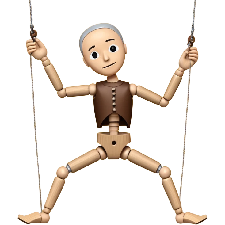3D render of Broken Puppet as a wooden marionette puppet, Strings cut, slumped over, silver metal screw joints at elbows and knees, polished brown wood texture, rigid toy pose, emoji style, isolated on white background --v 6.0. emoji