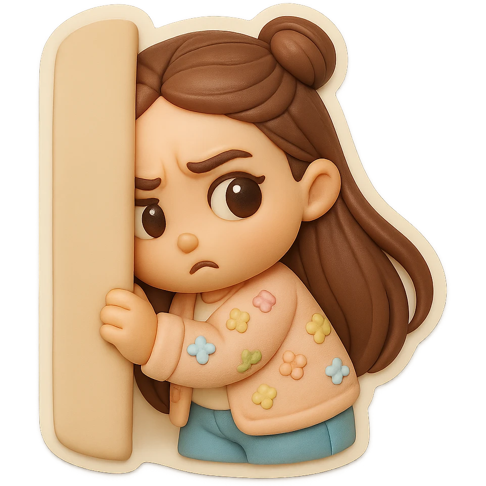 3D chibi fondant cake art style, high-quality rendering with smooth shadows and soft gradients. Girl based on reference image (preserve facial features), long brown hair in two space buns, brown eyes, jeans, pastel floral cardigan, thick white outline like a sticker, transparent background. Peeking suspiciously from behind a corner. Make sure her appearance matches previous stickers. emoji