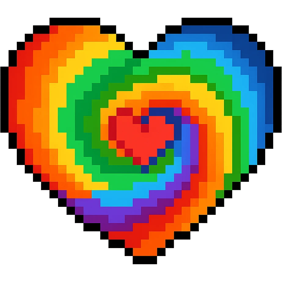 Create a pixel art heart with a rainbow swirl pattern and no background. The style should clearly reflect pixel art characteristics with a swirling rainbow color pattern. emoji