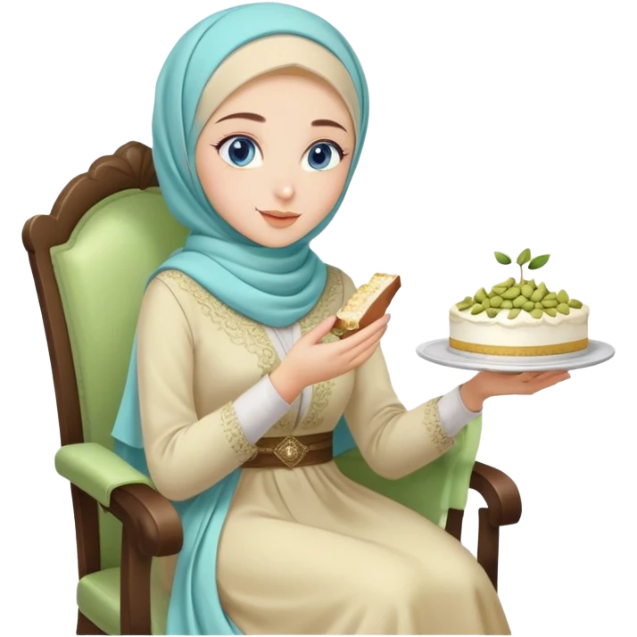 Turkish beautiful finish Konya girl blue eyes with pastel hijab long tail dress and sits on the chair and holds pistachios cake with her hand  emoji
