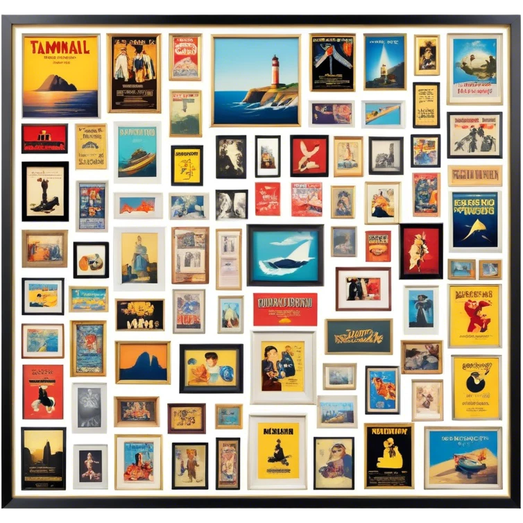 Icon for Photograph and Poster Collecting: a collection of photographs and movie posters, neatly displayed on a wall or in frames. The icon should evoke the nostalgia and artistic value of collecting rare images and posters. Transparent background. emoji