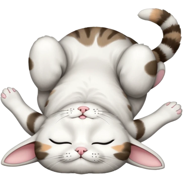 grey and white small cat eyes closed lying down upside down with paws stretched out straight in different directions emoji
