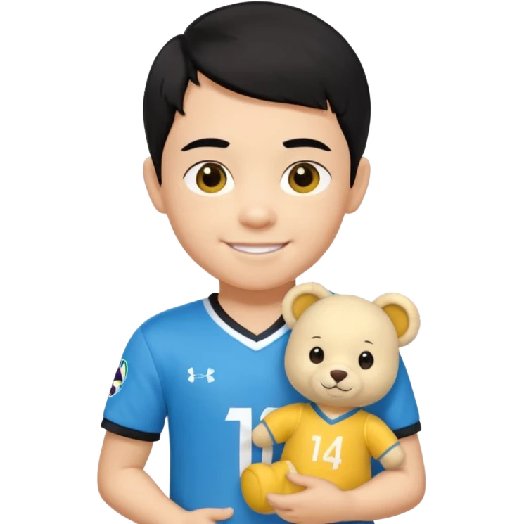 Un enfant qui a les cheveux noir sur le coter qui sourit il a un maillot de l’om et qui a un petit doudou jaune sur son epaule emoji