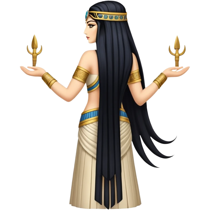 back view of Anunnaki goddess Inanna with long flowing black hair and Mesopotamian cuneiform symbols on her royal attire emoji