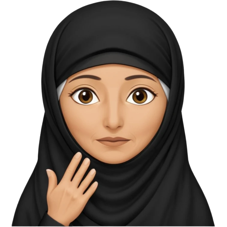 an old emirati women wearing traditional cloths covers her face with burg'a a;; the cloths and burqa'a are black no accessories emoji