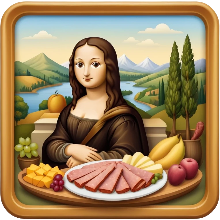  gorh mona lisa with SPAM MEAT charcuterie and fruit tray renaissance landscape emoji