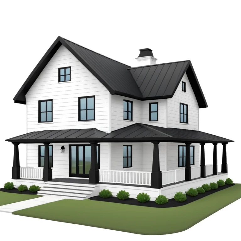 modern farmhouse with white siding, black roof and black trim, exterior view, 3d emoji