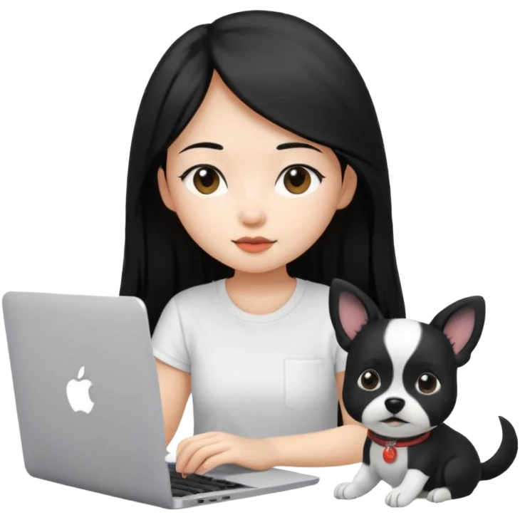 Blue back ground, Asian girl with long black hair , wearing a white t-shirt, working on an Apple laptop, next to her is a small black and white dog emoji