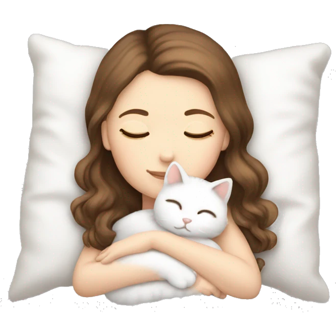 White girl brown hair sleeping with white kitty emoji