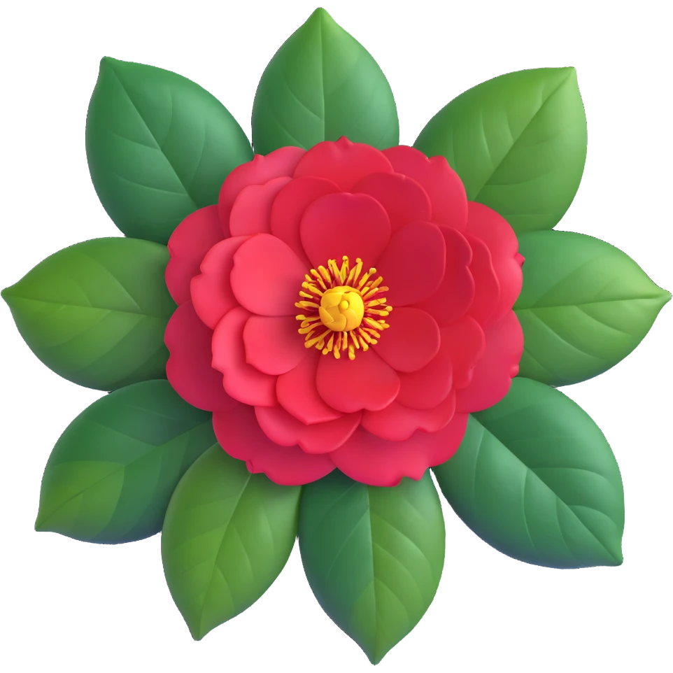 Detailed camellia japonica (tsubaki) flower with rich red formal double form petals, yellow stamens and shiny evergreen leaves emoji