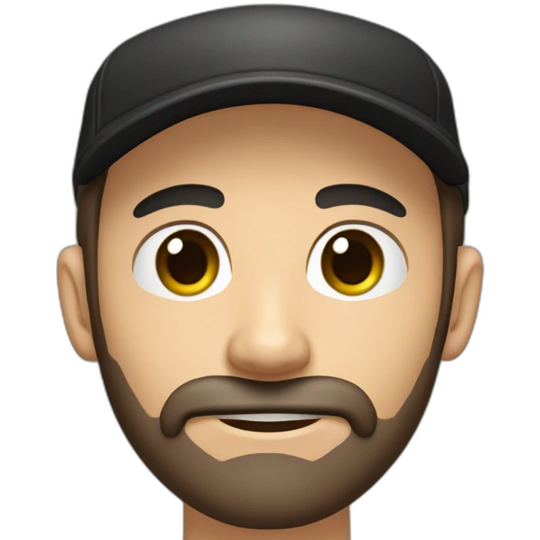 Man, thin face, dark brown beard, 10cm long, up to the nose, protruding ears, green eyes, beginning of unibrow, wearing black and red cap. emoji