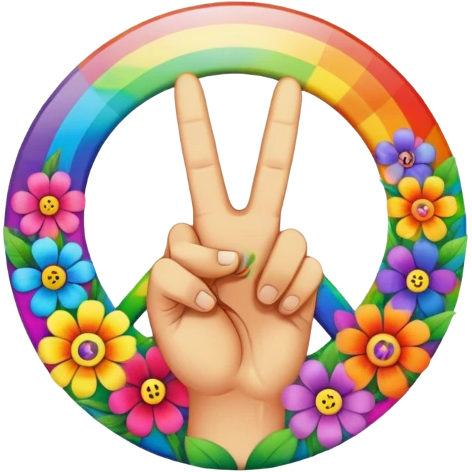 A round psychedelic colored button with a hand making the peace sign in the center surrounded by rainbow colored hippie style flowers emoji
