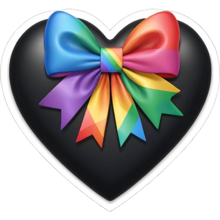 glossy patchwork black heart with a rainbow bow and heart pattern on the bow emoji