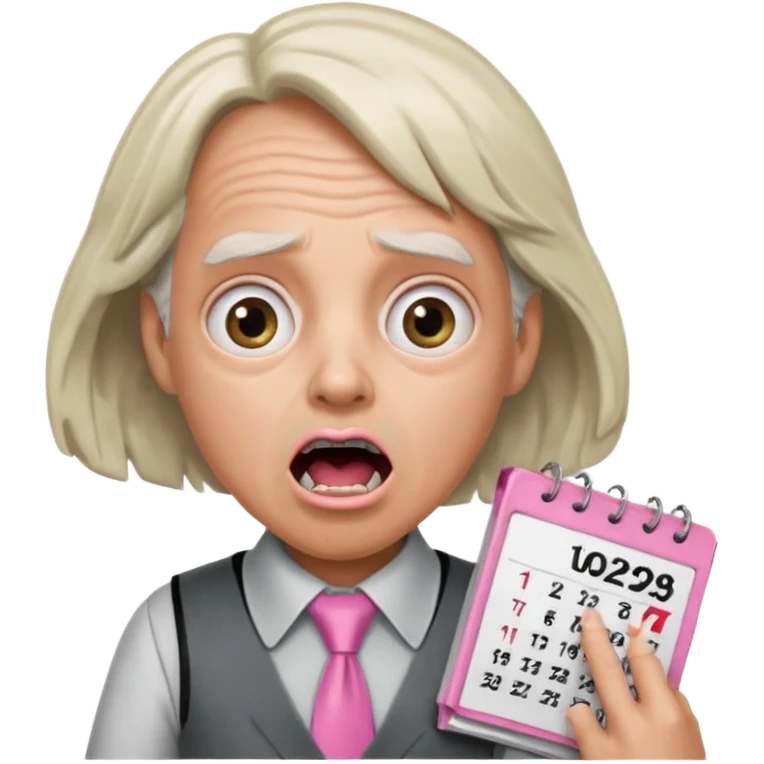 Doc Brown, in Back to the Future, looking shocked, mouth wide open, with a shocked expression. Without glasses. Wearing a silver dress with black trim, a pink collared shirt and a white tie, holding a calendar. emoji