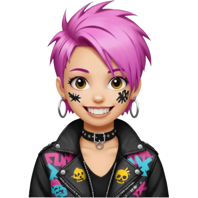 a punk girl with neck-length dyed hair and wear a punk graffiti jacket with black choker grin playfully  emoji