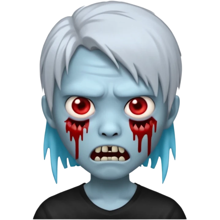 Create a 3D emoji-style avatar with very pale blue-grey zombie skin like the reference image, a young Asian face, and large eyes with blood tears. Give it white mullet-style hair, silver hoop earrings, and a plain black T-shirt. The face expression should be slightly angry, with vampire fang emoji