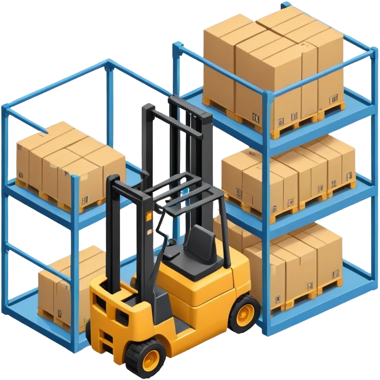 Isometric warehouse with forklift and storage racks inside, large cargo door emoji
