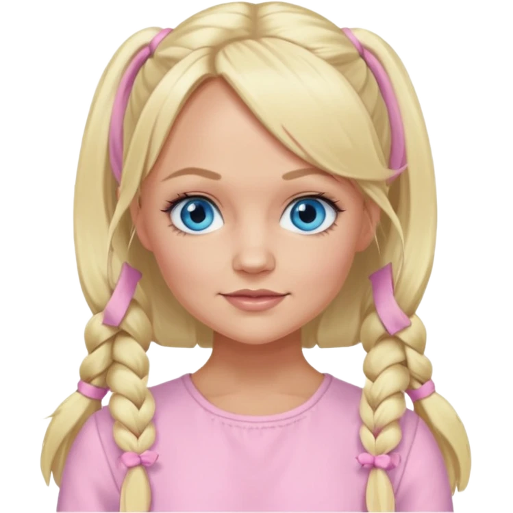 Emma Bunton blue eyes, long blonde pigtails hair, light pink outfit emoji